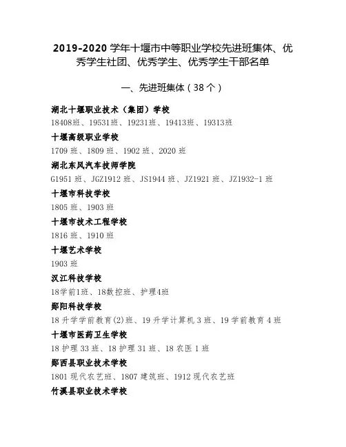 2019-2020学年十堰市中等职业学校先进班集体、优秀学生社