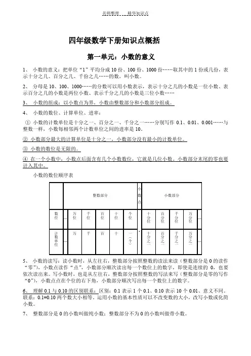 北师大版四年级数学下册知识点概括(学生打印版)