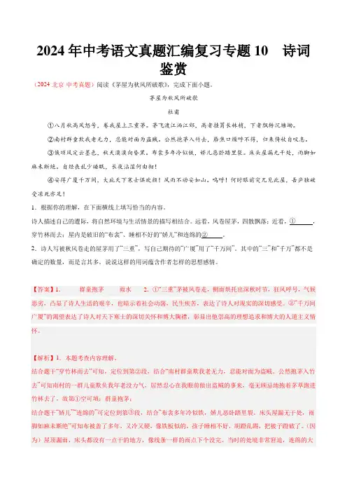 2024年中考语文真题汇编复习 专题10  诗词鉴赏(教师版)