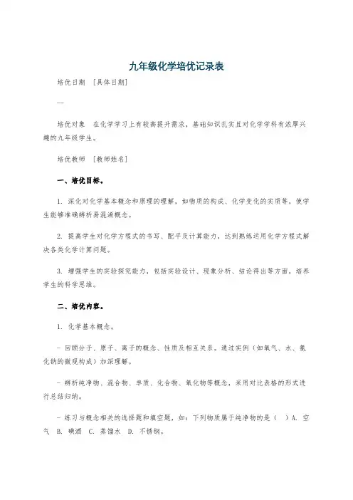 九年级化学培优记录表