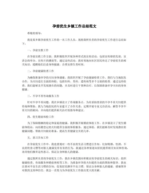 孕前优生乡镇工作总结范文