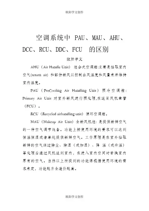 空调系统中 PAU、MAU、AHU、DCC、RCU、DDC、FCU 的区别