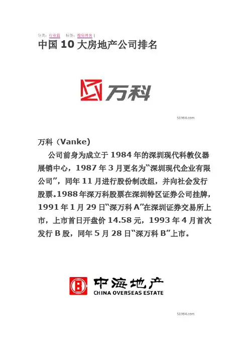 中国10大房地产公司排名