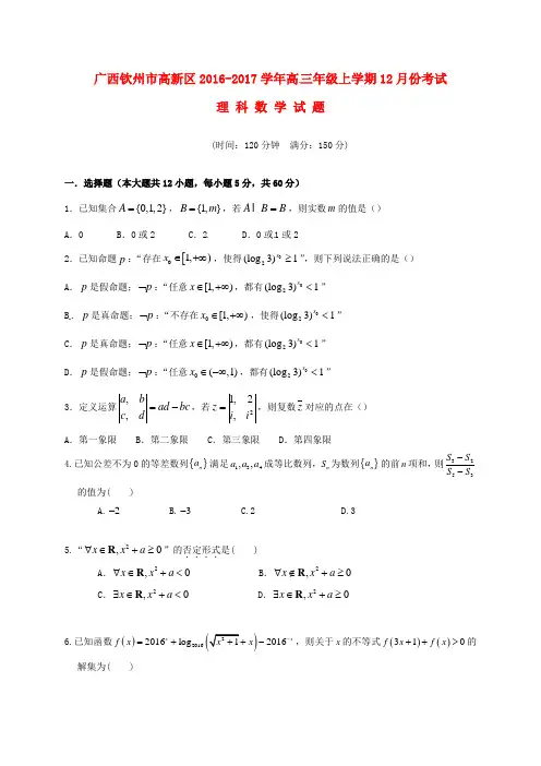 精选广西钦州市高新区2017届高三数学12月月考试题理