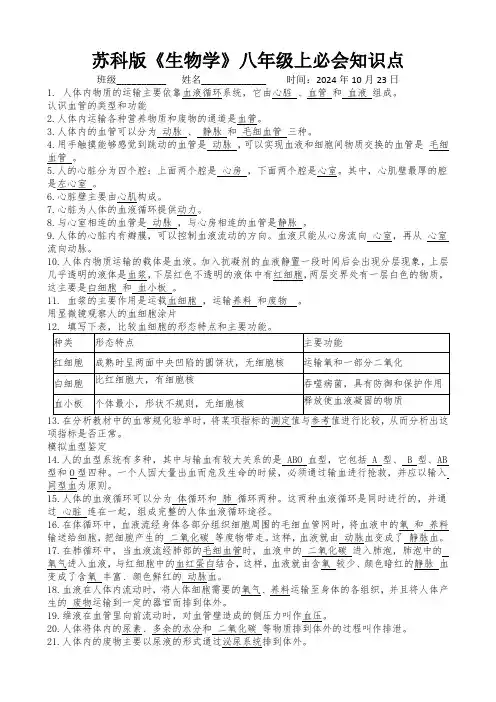 苏科版《生物学》八年级上必会知识点