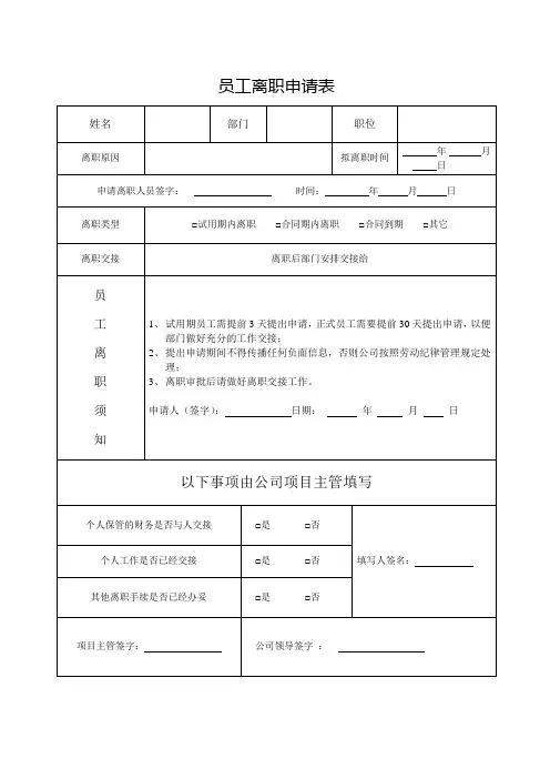 员工离职申请表(完整版)