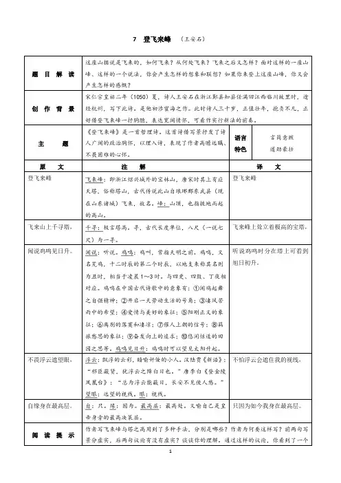 部编人教版初中语文七年级下册古诗词知识点整理《登飞来峰》