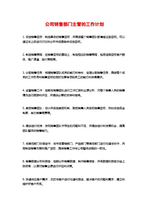 公司销售部门主管的工作计划