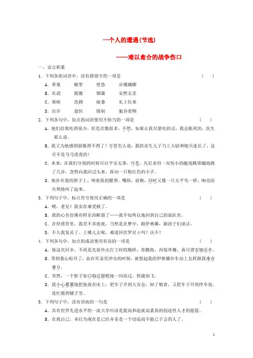 高中语文 专题二 一个人的遭遇(节选)测试题 苏教版必修2