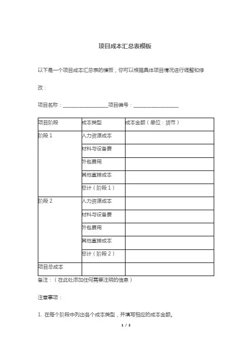 项目成本汇总表模板