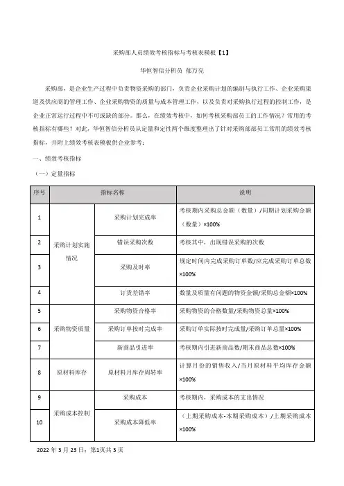 采购部人员绩效考核指标与考核表模板