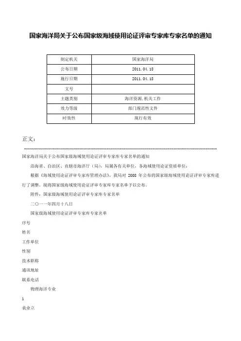 国家海洋局关于公布国家级海域使用论证评审专家库专家名单的通知-