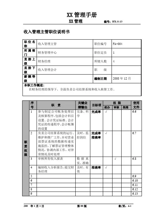 某航空物流公司收入管理职位说明书及关键绩效标准