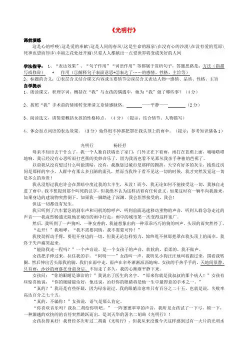 辽宁省东港市小甸子中学九年级语文 记叙文阅读 光明行研学案 新人教版