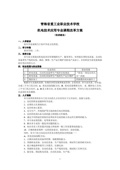 中等职业学校机电技术应用专业课程方案-青海重工业职业技术学校