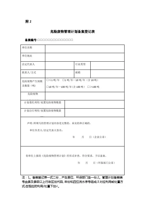 危险废物管理备案登记表