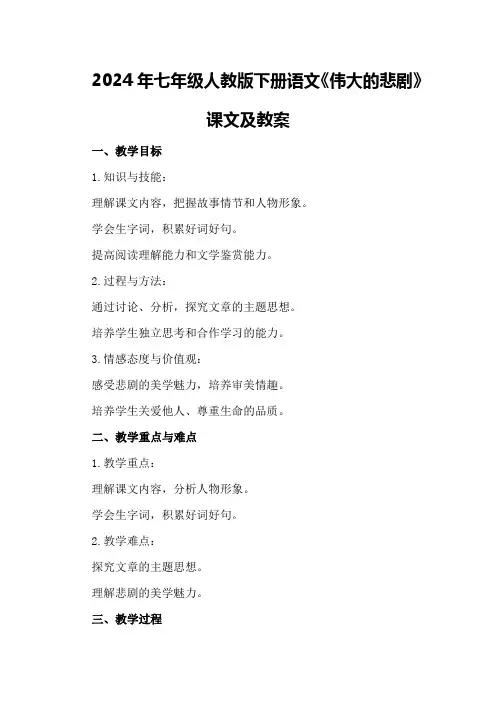 2024年七年级人教版下册语文《伟大的悲剧》课文及教案