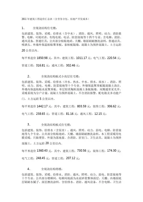 2011年建筑工程造价汇总表