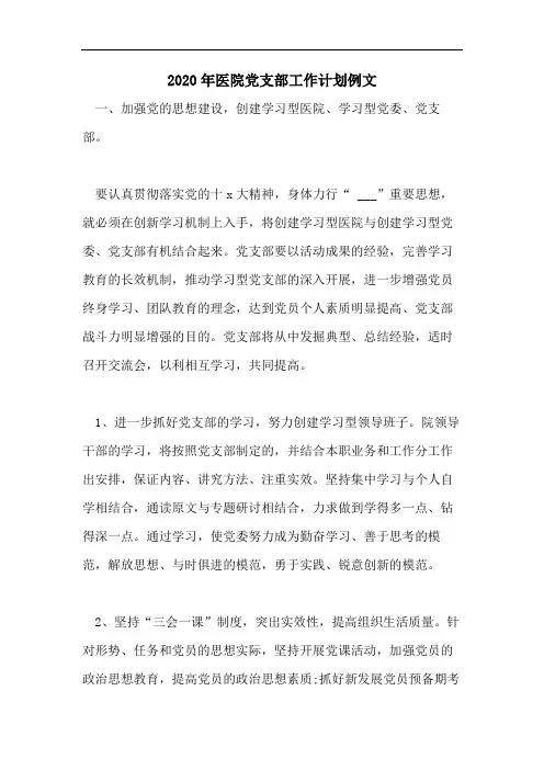 2020年医院党支部工作计划例文