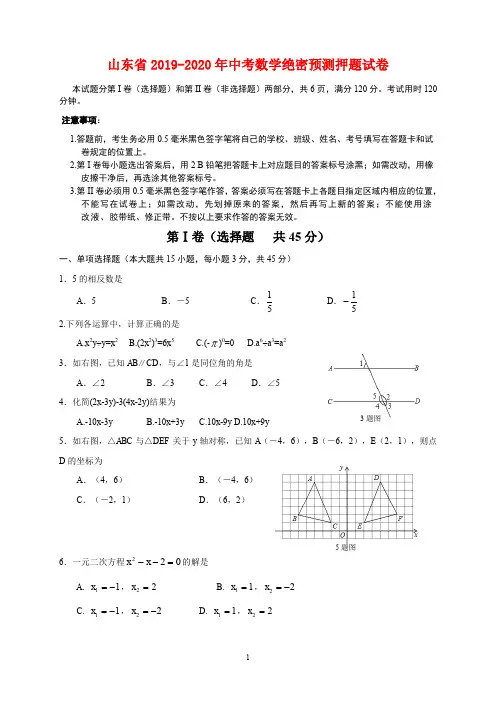 山东省2019-2020年中考数学绝密预测押题试卷(含答案)