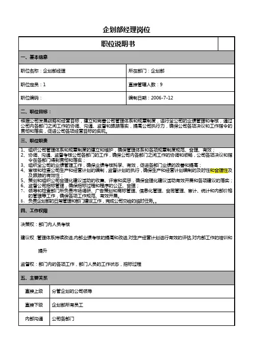 企划部经理职位说明书