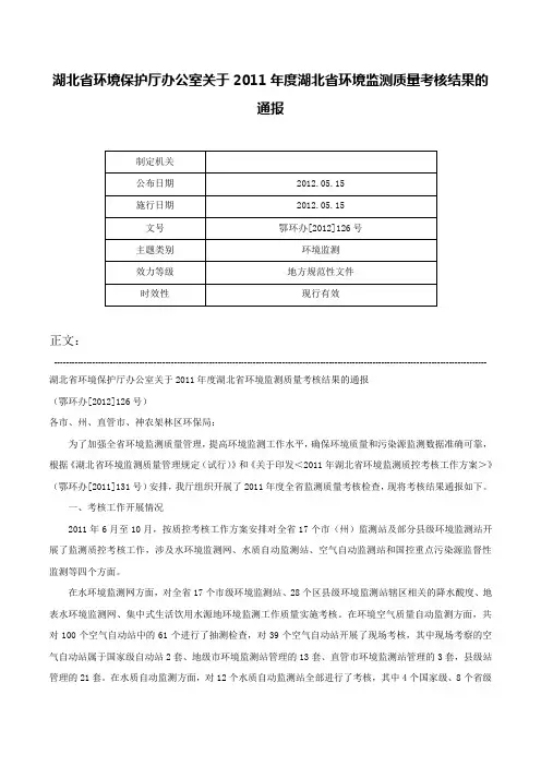 湖北省环境保护厅办公室关于2011年度湖北省环境监测质量考核结果的通报-鄂环办[2012]126号