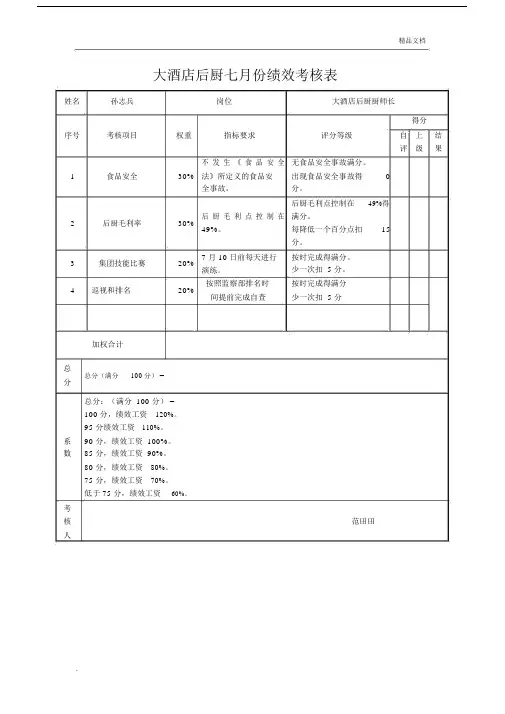 大酒店厨师长绩效考核表.docx