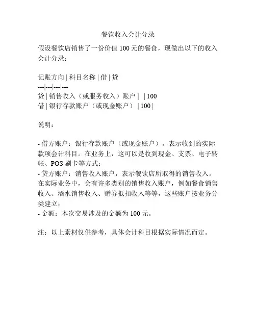餐饮收入会计分录