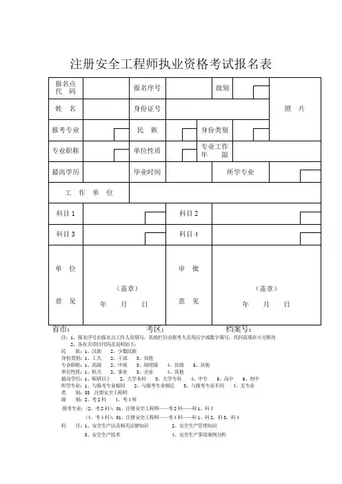 注册安全工程师执业资格考试报名表