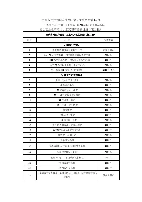 (第二批)淘汰落后生产能力、工艺和产品的目录》