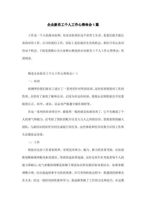 企业新员工个人工作心得体会5篇