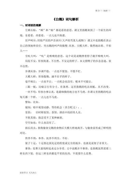 人教版部编版小学四年级语文下册 《白鹅》词句解析