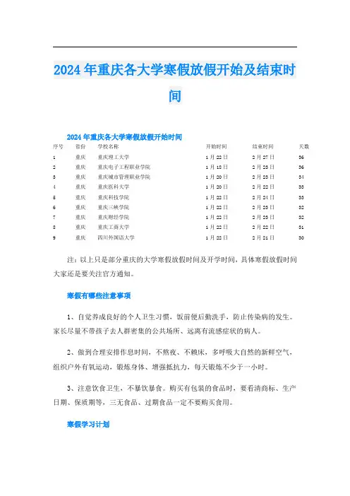 2024年重庆各大学寒假放假开始及结束时间