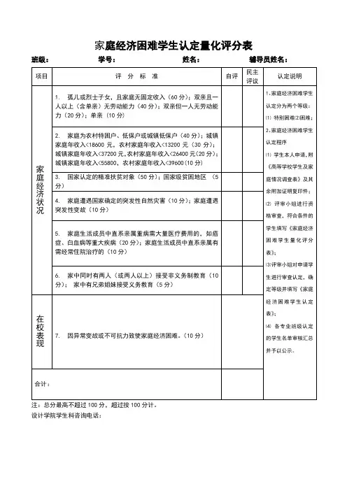 家庭经济困难学生认定量化评分表