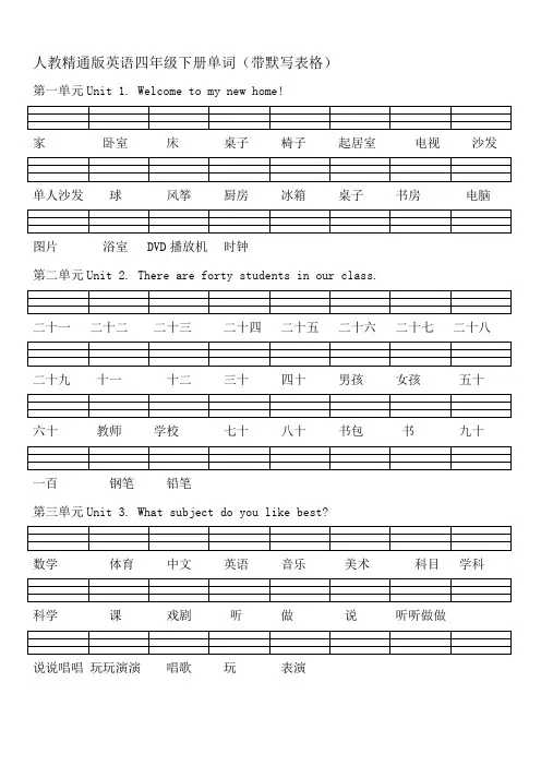 人教精通版小学英语四年级下册单词表(默写表格)