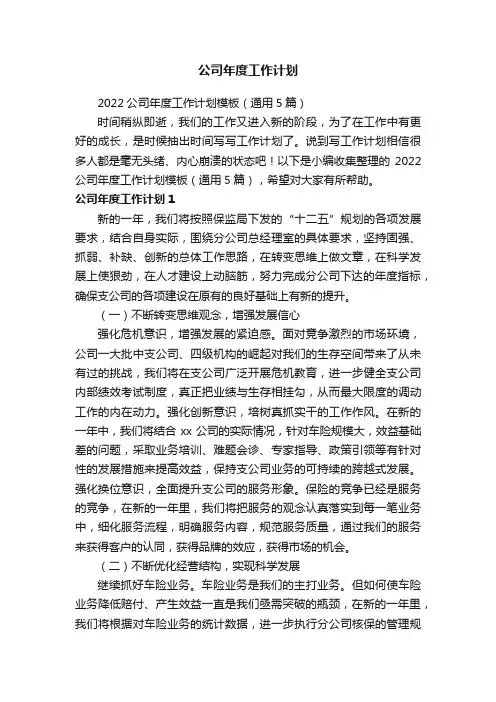 2022公司年度工作计划模板（通用5篇）