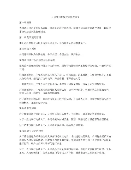 公司处罚制度管理制度范文