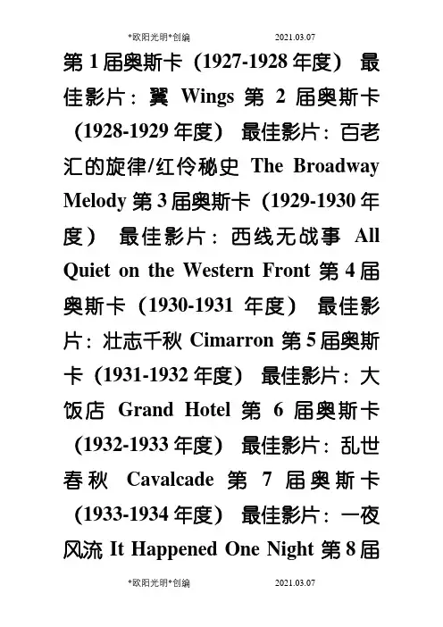 2021年奥斯卡~历年获奖名单