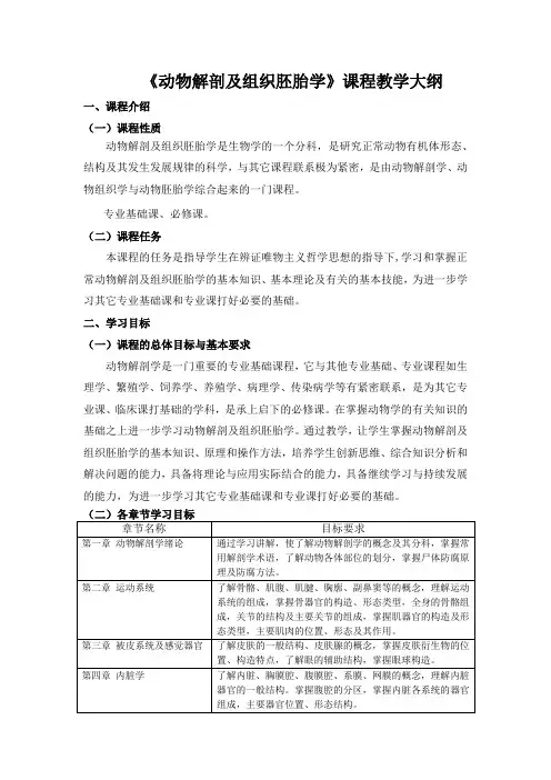 《动物解剖及组织胚胎学》课程教学大纲