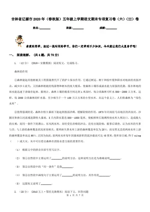 吉林省辽源市2020年(春秋版)五年级上学期语文期末专项复习卷(六)(II)卷