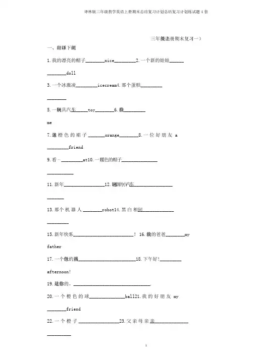 译林版三年级教学英语上册期末总结复习计划总结复习计划练试题4套