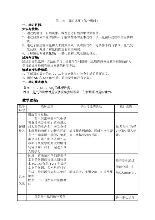 山东省巨野一中高一化学第二节《氮的循环》(第一课时)教案