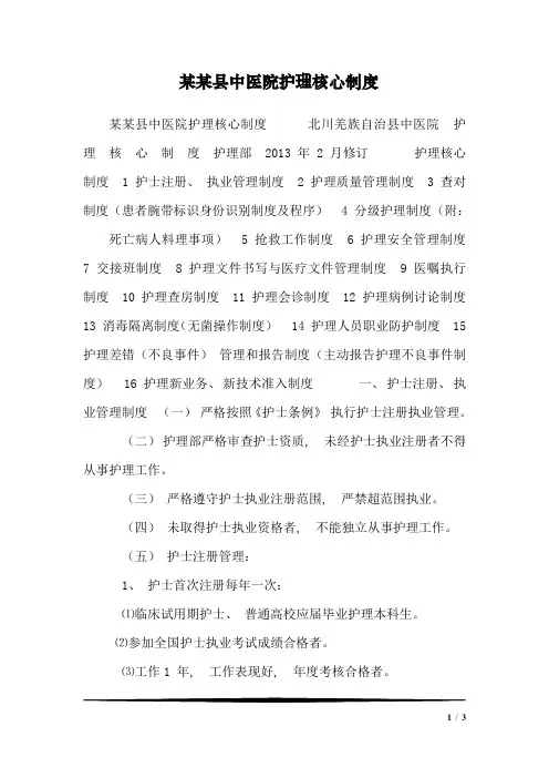 某某县中医院护理核心制度