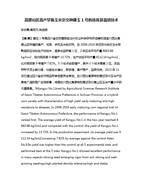 高原山区高产早熟玉米杂交种康玉1号的选育及栽培技术