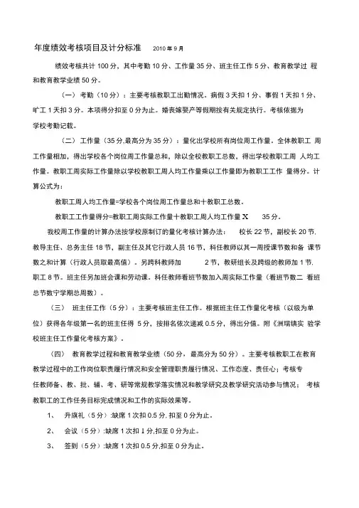 教师年度绩效考核项目及计分标准