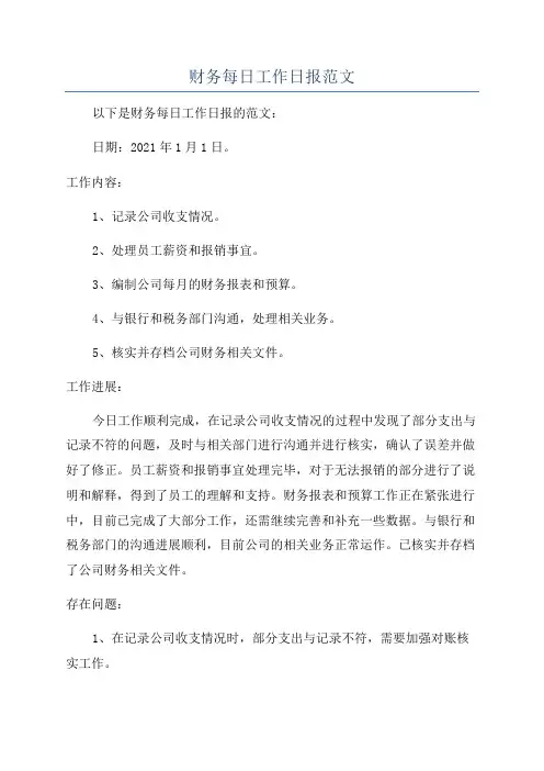财务每日工作日报范文