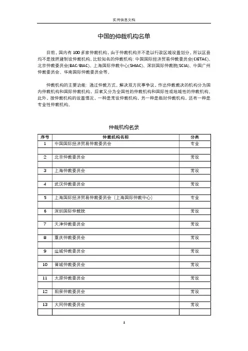 中国的仲裁机构名单