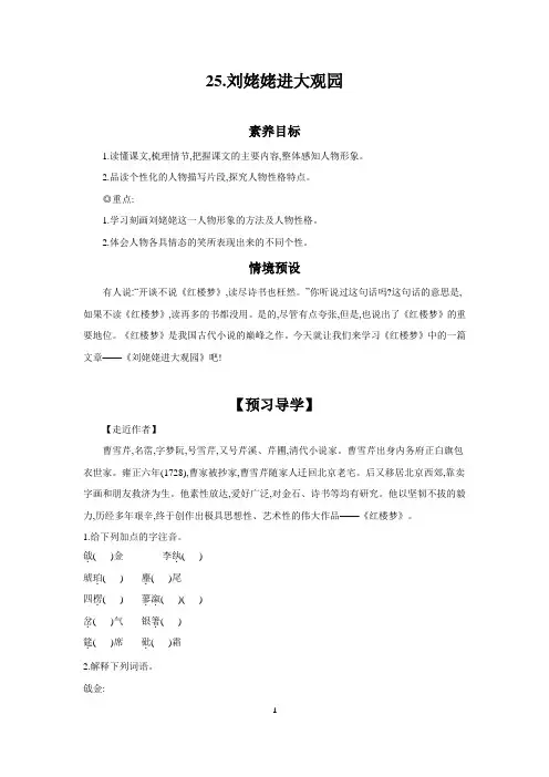 第25课《刘姥姥进大观园》导学案 统编版语文九年级上册