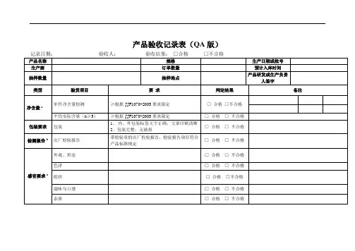 食品产品收货验收标准记录表(QA版)-万能模板