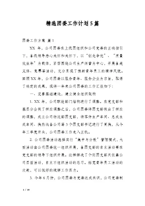 精选团委工作计划5篇